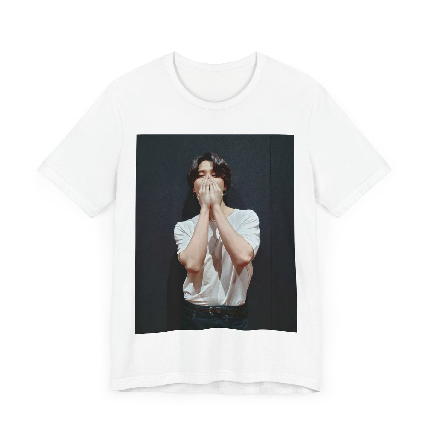 A black graphic t-shirt featuring a graphic of Jimin designed for everyday K-Pop style.