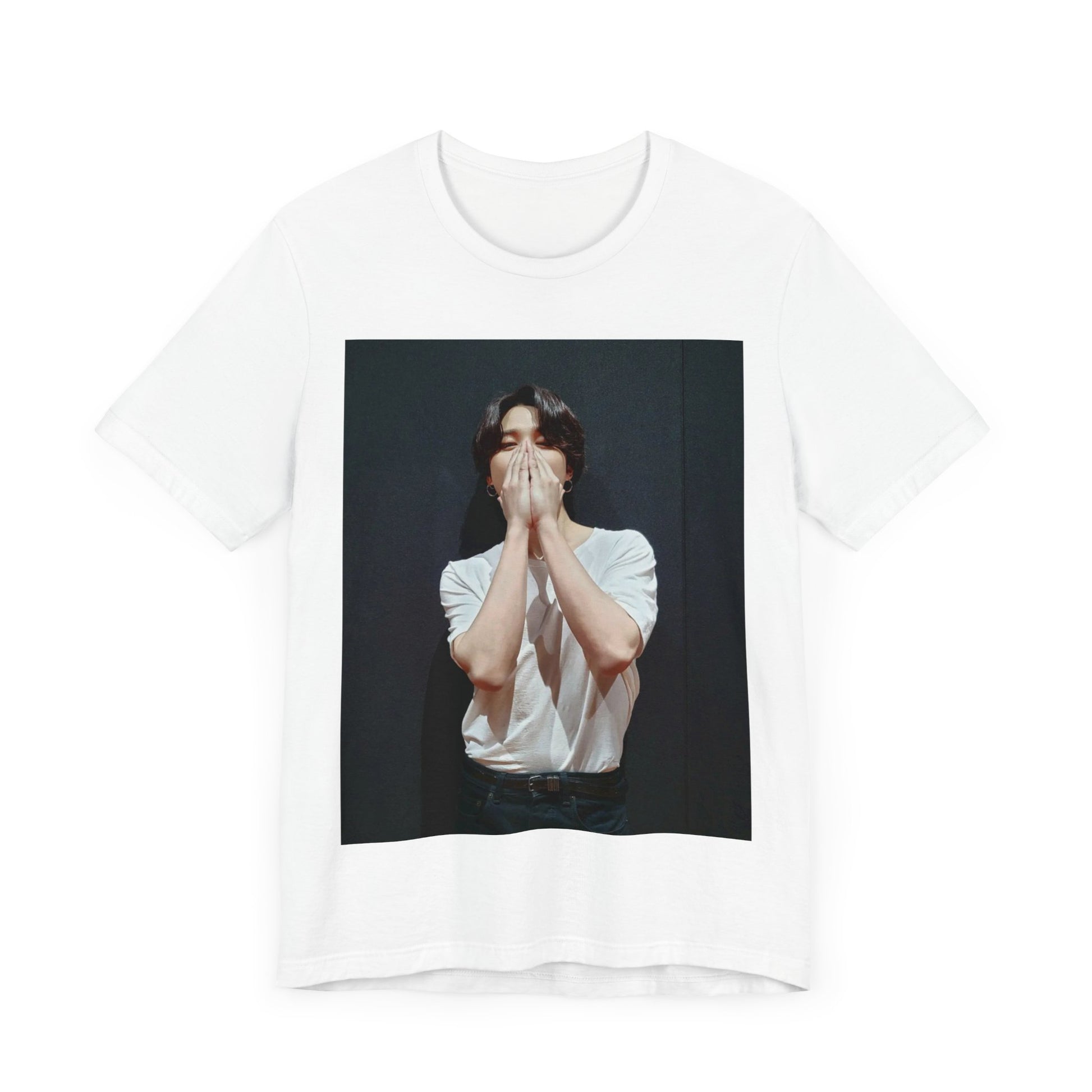 A black graphic t-shirt featuring a graphic of Jimin designed for everyday K-Pop style.