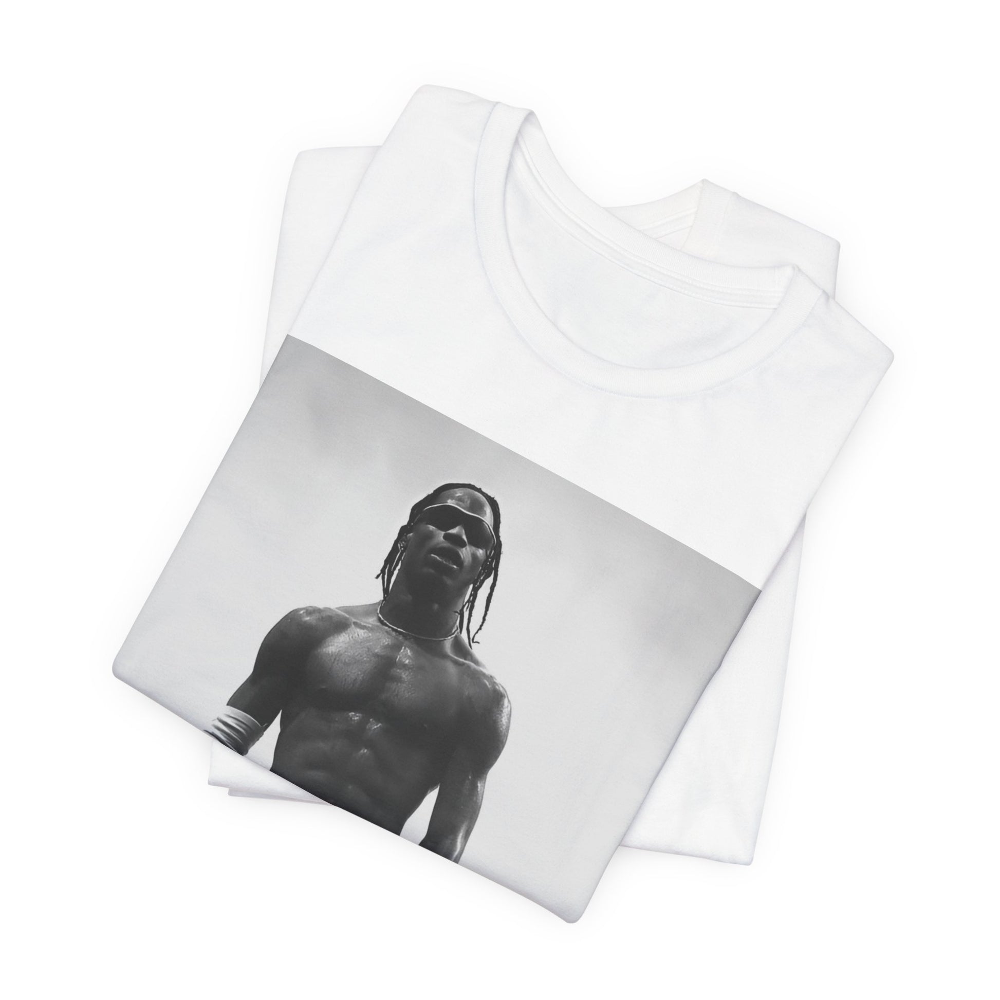 A black graphic t-shirt featuring a black and white portrait photo of Travis Scott.