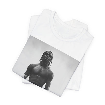 A black graphic t-shirt featuring a black and white portrait photo of Travis Scott.