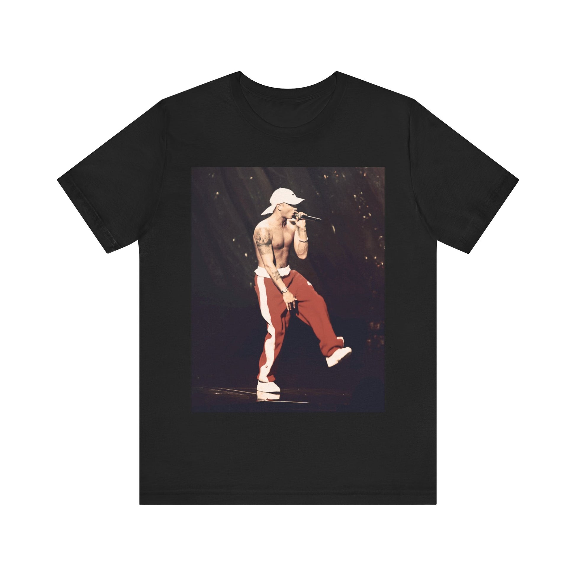 A black graphic t-shirt featuring a graphic inspired by Eminem's film '8 Mile'.