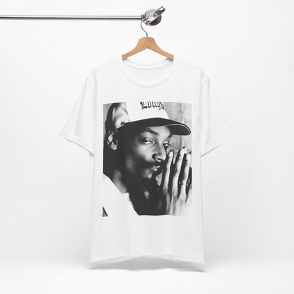 A black graphic t-shirt featuring a cool black and white graphic or photo of Snoop Dogg as a rapper.