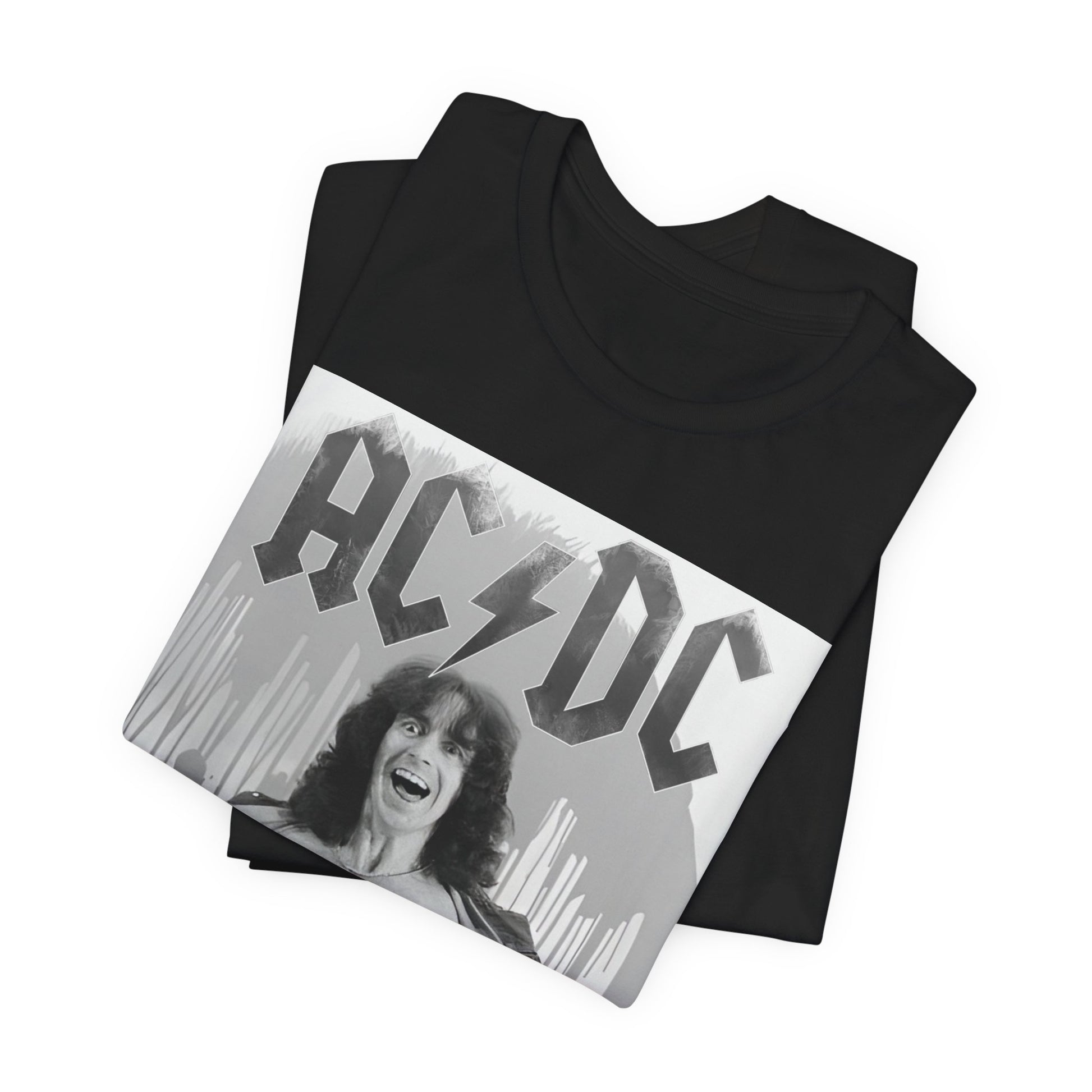 A vintage-style graphic of AC/DC's original frontman, Bon Scott, printed on a t-shirt.
