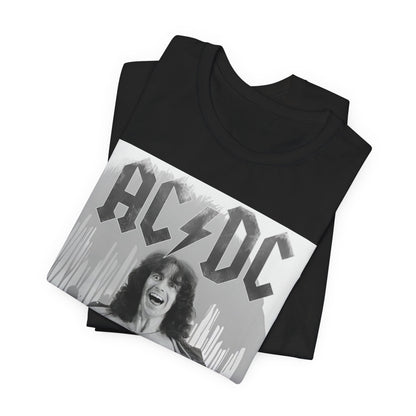 A vintage-style graphic of AC/DC's original frontman, Bon Scott, printed on a t-shirt.
