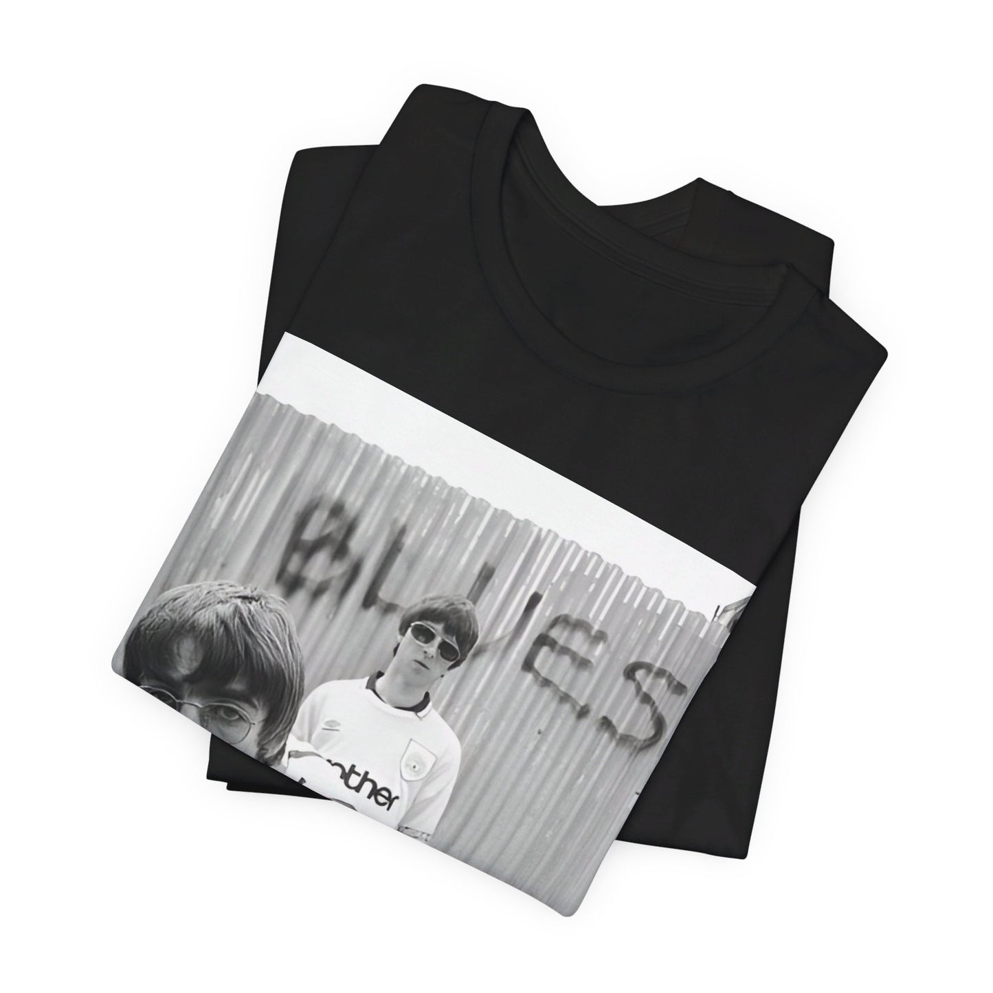 A black graphic t-shirt featuring a graphic of Liam and Noel Gallagher from Oasis, showing their support for Manchester City.