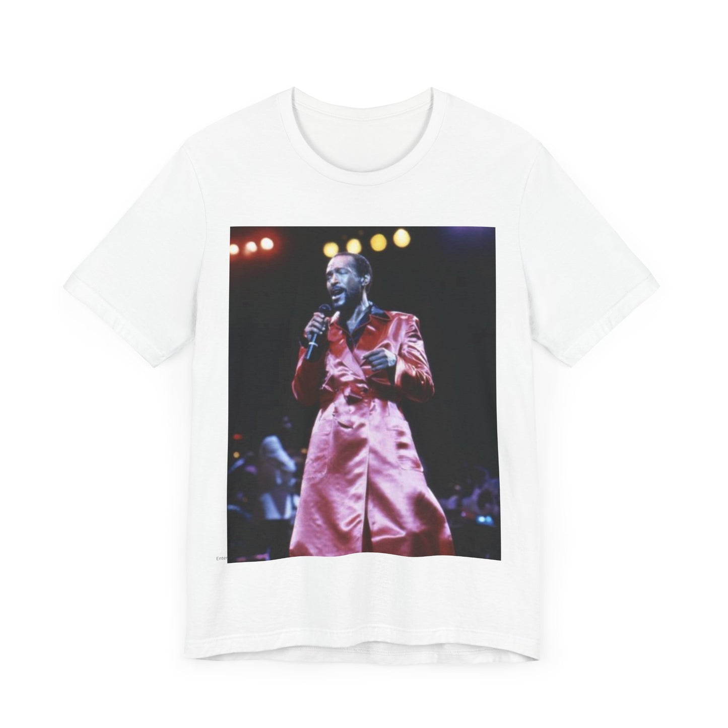 A black graphic t-shirt featuring a vintage graphic or photo of Marvin Gaye performing live.