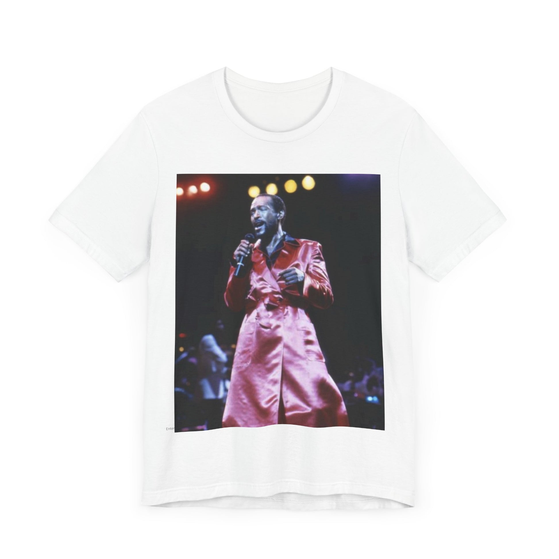 A black graphic t-shirt featuring a vintage graphic or photo of Marvin Gaye performing live.