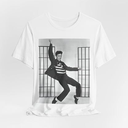 A black graphic t-shirt featuring a graphic related to Elvis Presley's 'Jailhouse Rock' song.
