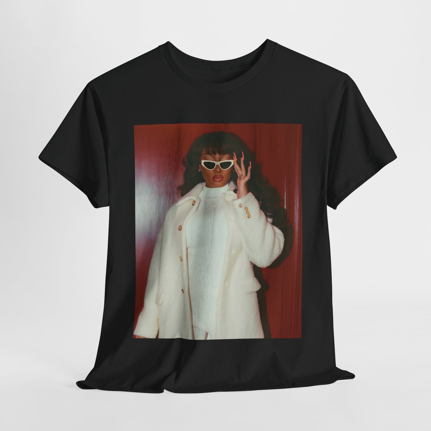 A black graphic t-shirt featuring a glamorous graphic of Megan Thee Stallion.