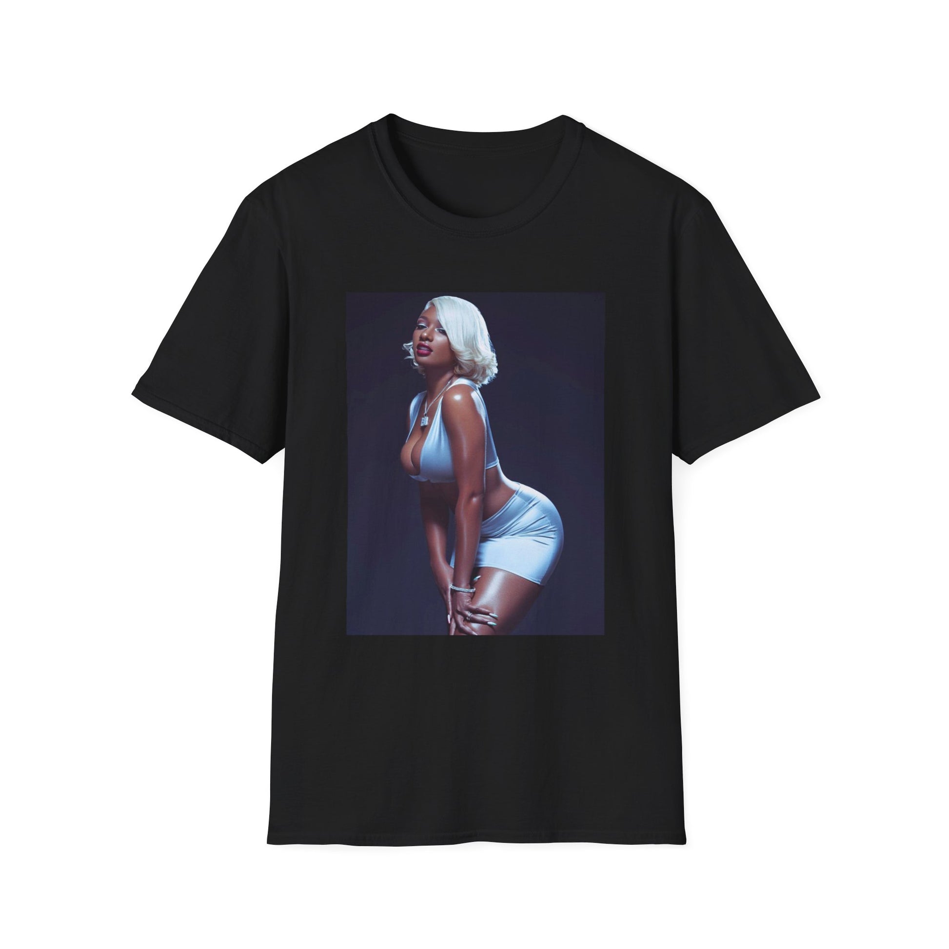 A black graphic t-shirt featuring a glamorous graphic of Megan Thee Stallion in a rap style.