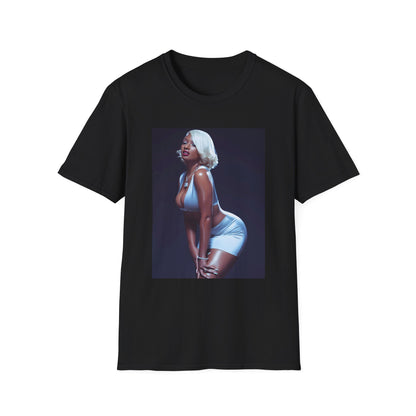 A black graphic t-shirt featuring a glamorous graphic of Megan Thee Stallion in a rap style.