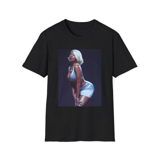 A black graphic t-shirt featuring a glamorous graphic of Megan Thee Stallion in a rap style.