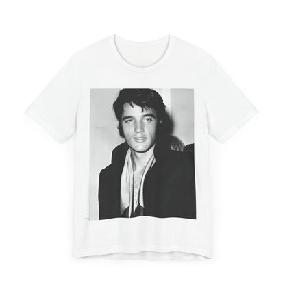 A black graphic t-shirt featuring a black and white rock and roll portrait photo of Elvis Presley.
