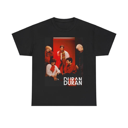 A black graphic t-shirt featuring an 80s aesthetic pop graphic of Duran Duran.