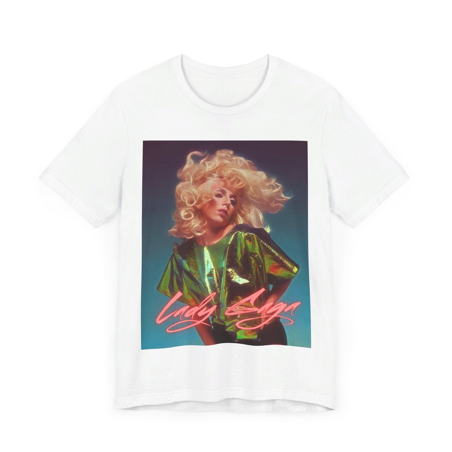 A black graphic t-shirt featuring a retro photo of Lady Gaga with neon lighting or effects.