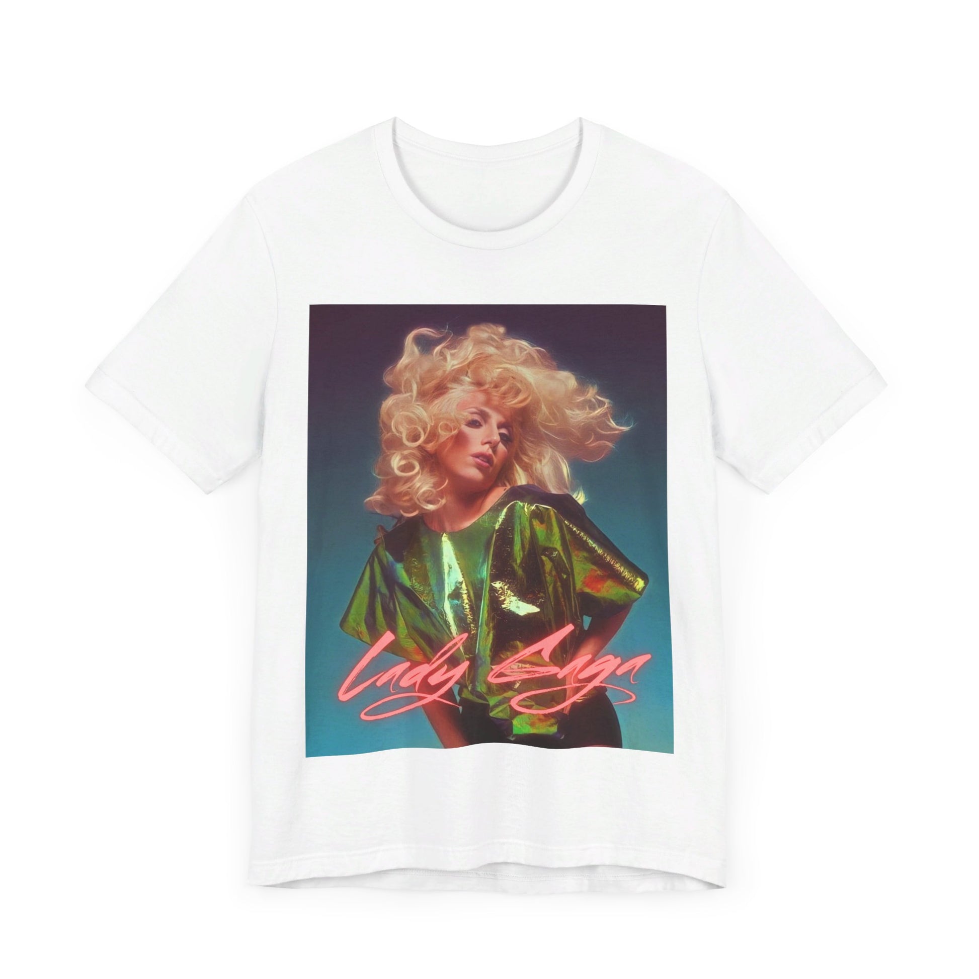A black graphic t-shirt featuring a retro photo of Lady Gaga with neon lighting or effects.