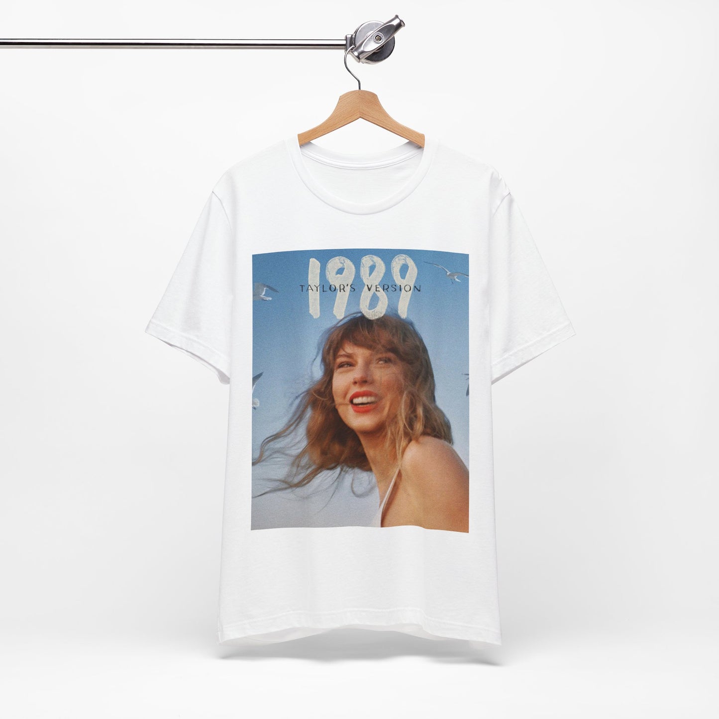 A black graphic t-shirt featuring a graphic related to Taylor Swift's 1989 album.