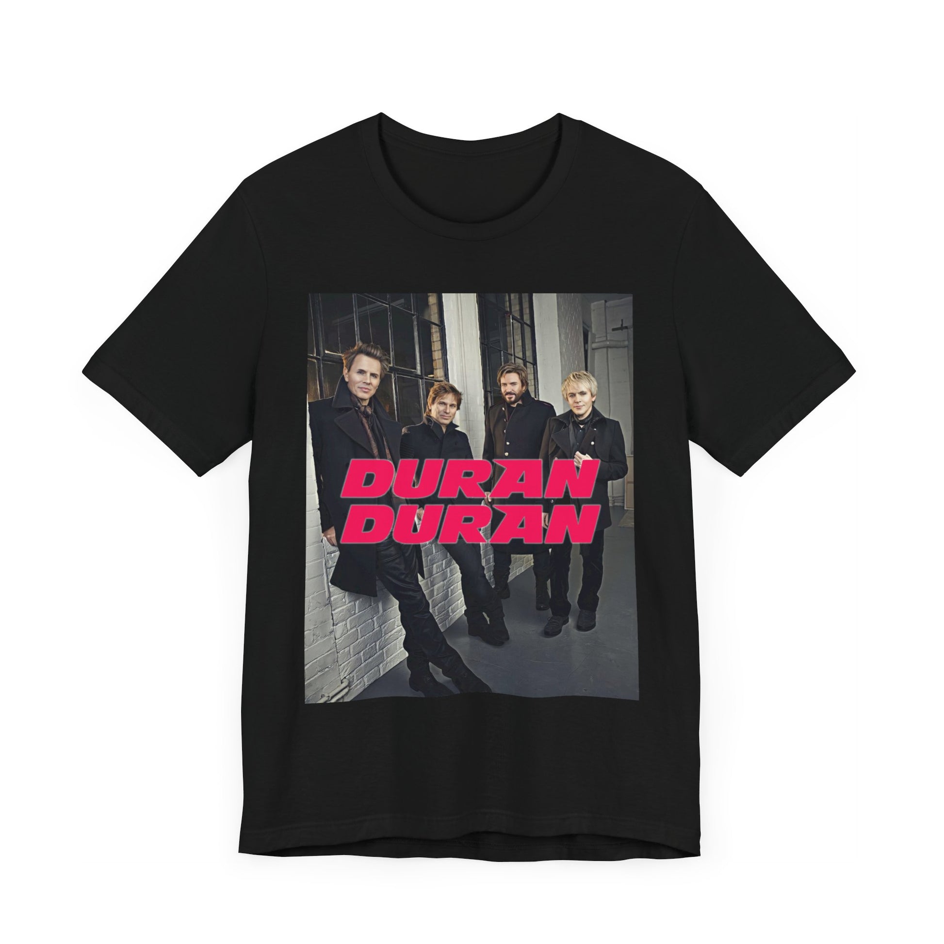 A black graphic t-shirt featuring a modern graphic of Duran Duran, suggesting a pop revival.