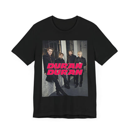 A black graphic t-shirt featuring a modern graphic of Duran Duran, suggesting a pop revival.