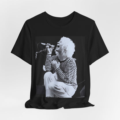 A black graphic t-shirt featuring a black and white graphic or photo of Radiohead performing live.