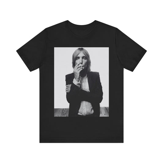 A black graphic t-shirt featuring a black and white graphic or photo of Tom Petty as a Southern rock icon.