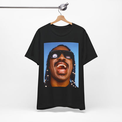 A black graphic t-shirt featuring a bold soul superstar graphic of Stevie Wonder.
