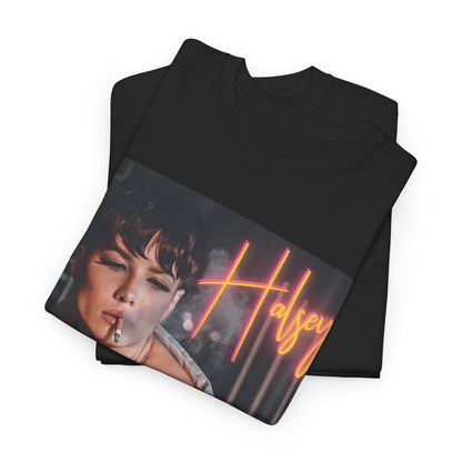 A black graphic t-shirt featuring a vintage graphic related to Halsey's 'Manic' album era.