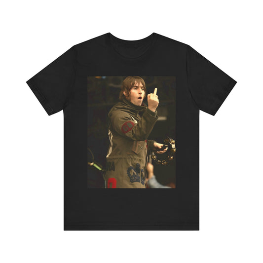 A black graphic t-shirt featuring a graphic of Liam Gallagher from Oasis giving the middle finger during a concert.