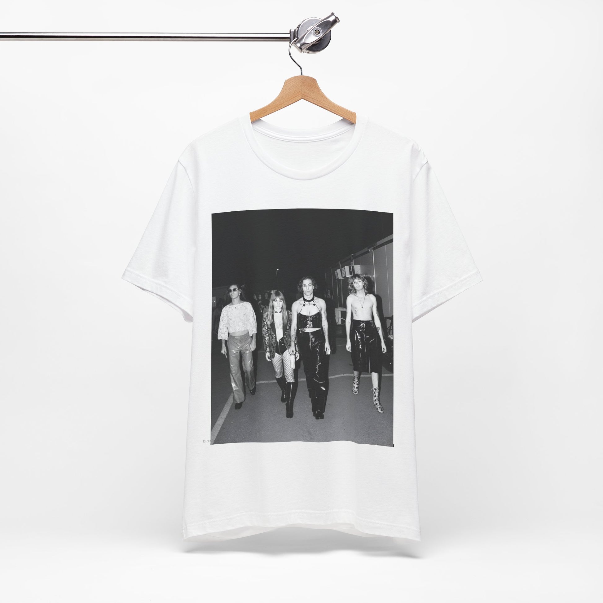 A black graphic t-shirt featuring a black and white, monochrome graphic or photo of Maneskin.
