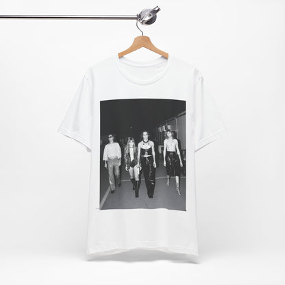 A black graphic t-shirt featuring a black and white, monochrome graphic or photo of Maneskin.