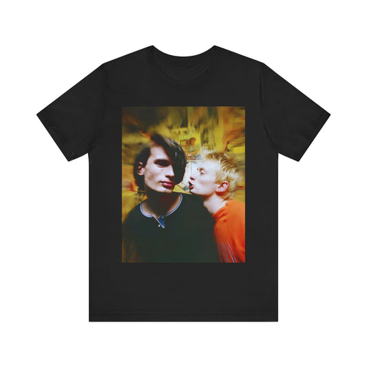 A black graphic t-shirt featuring a graphic related to Radiohead's 'No Surprises' song or era.