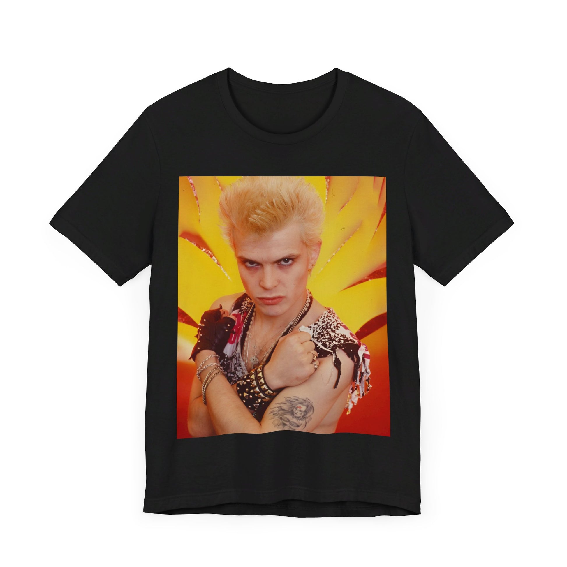 A black graphic t-shirt featuring an 80s old-school merchandise-style graphic of Billy Idol, possibly with stylized text or imagery.
