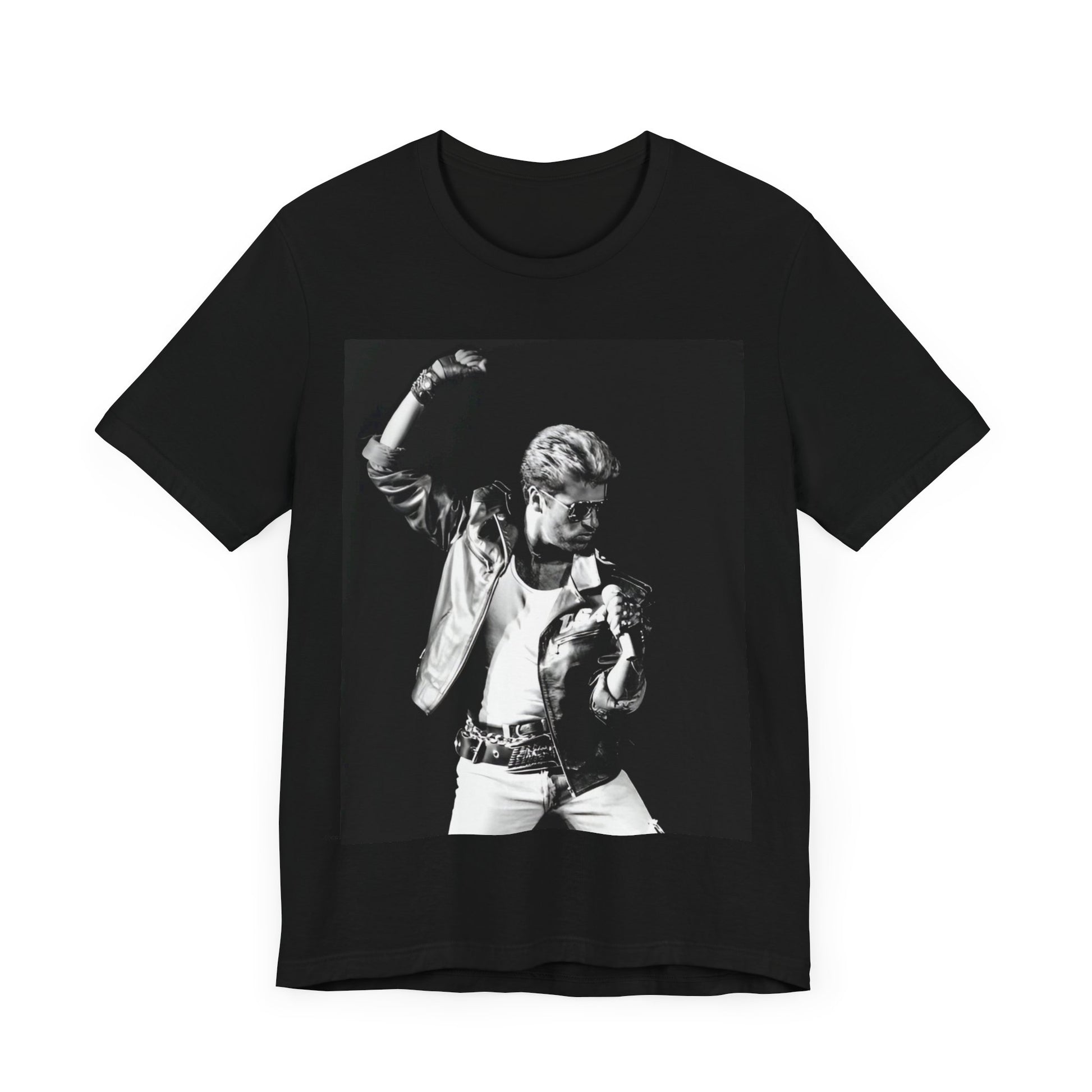 A black graphic t-shirt featuring an iconic black and white portrait photo of George Michael.