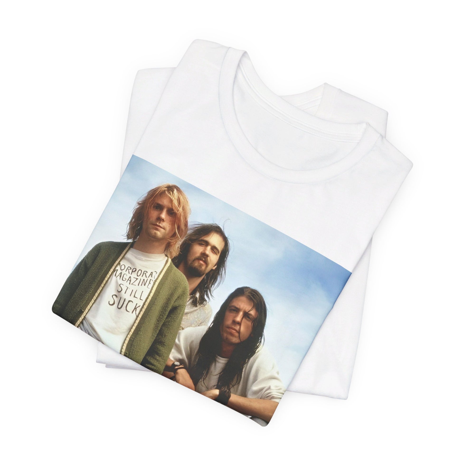 A black graphic t-shirt featuring a bold graphic of Nirvana as grunge superstars.