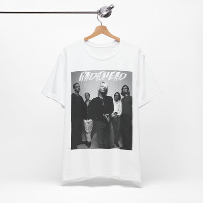 A black graphic t-shirt featuring a retro graphic related to Radiohead's 'OK Computer' album era.
