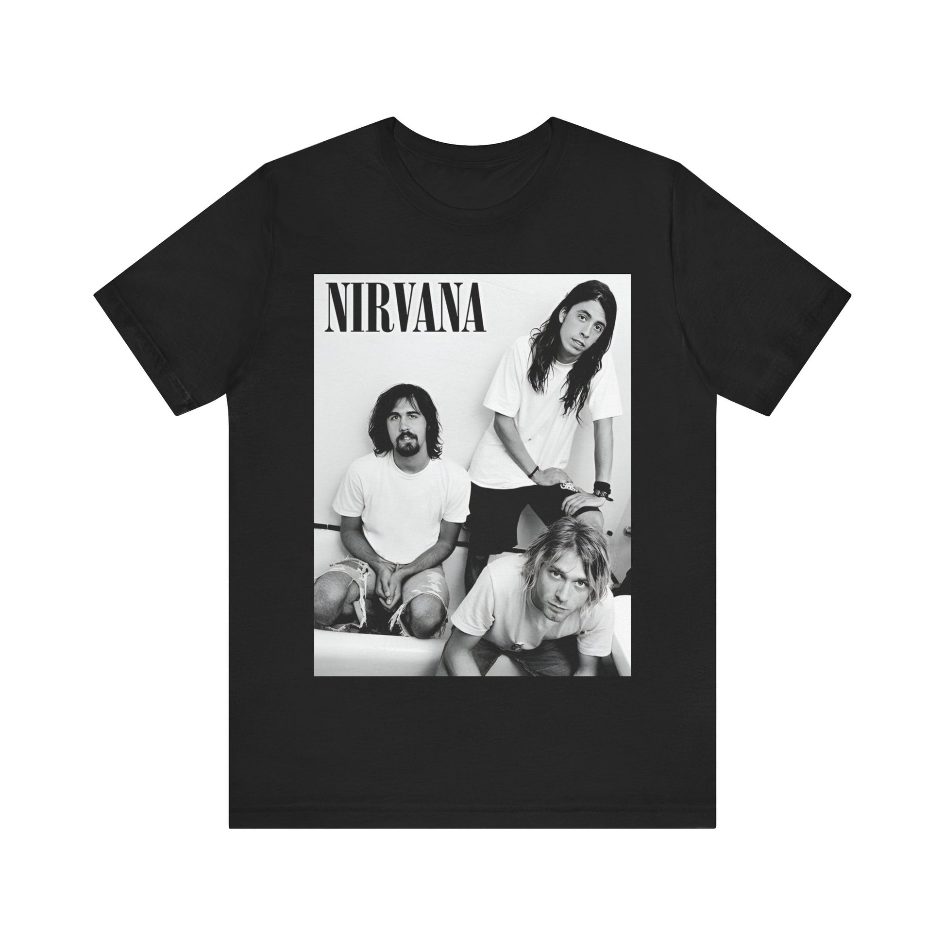 A black graphic t-shirt featuring a graphic of Nirvana emphasizing a rebellious grunge spirit.