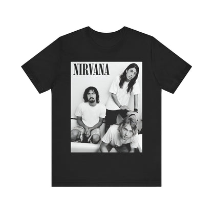 A black graphic t-shirt featuring a graphic of Nirvana emphasizing a rebellious grunge spirit.