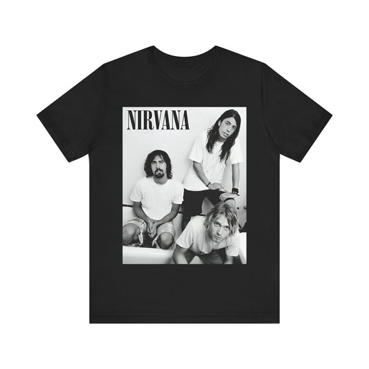 A black graphic t-shirt featuring a graphic of Nirvana emphasizing a rebellious grunge spirit.