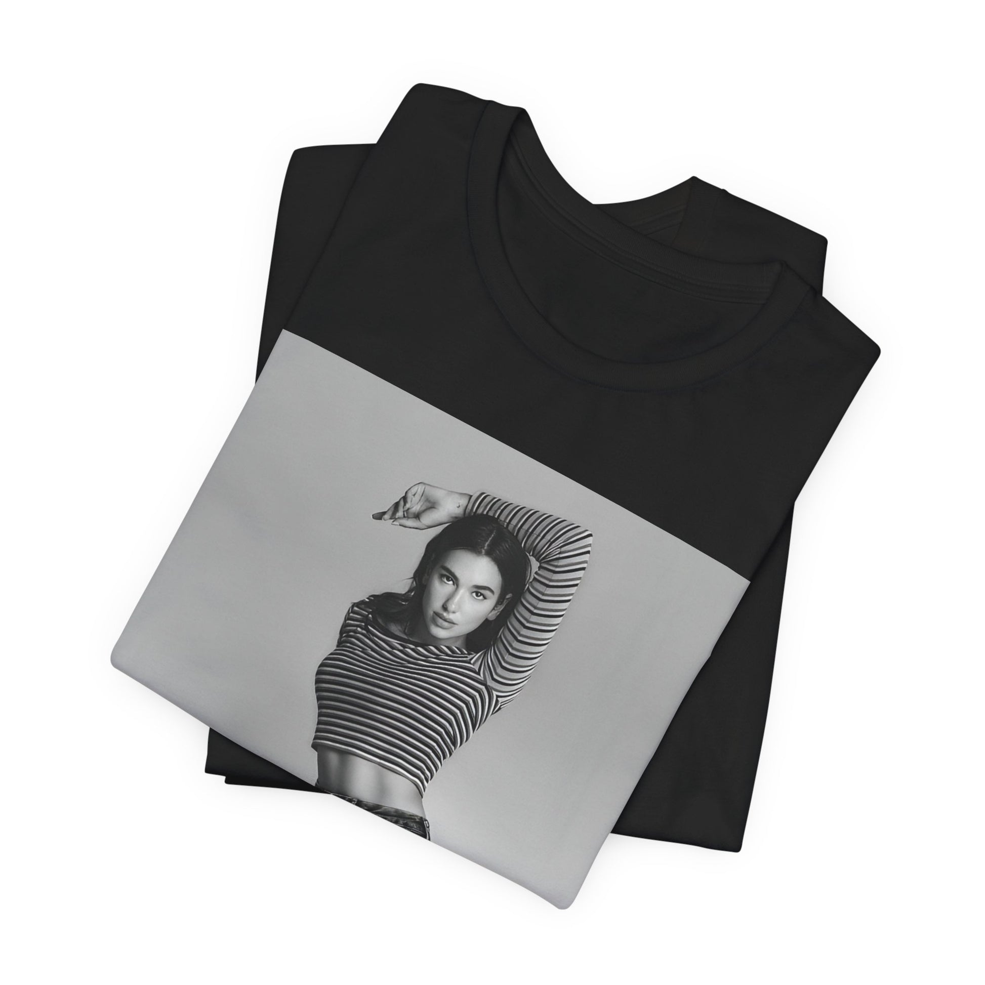 A black graphic t-shirt featuring a black and white photo of Dua Lipa in a posed manner.