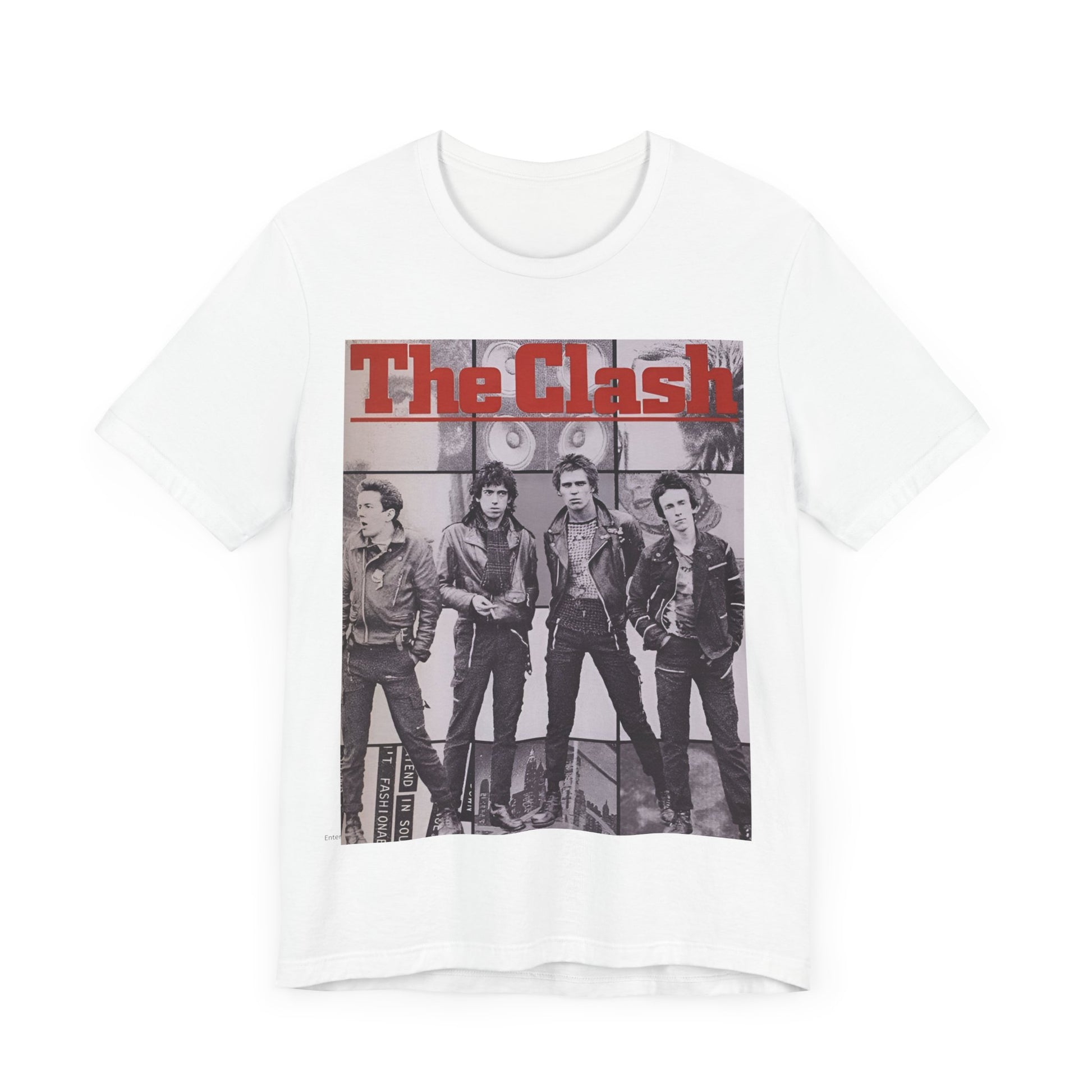 A black graphic t-shirt featuring a 70s retro punk superstar graphic of The Clash.