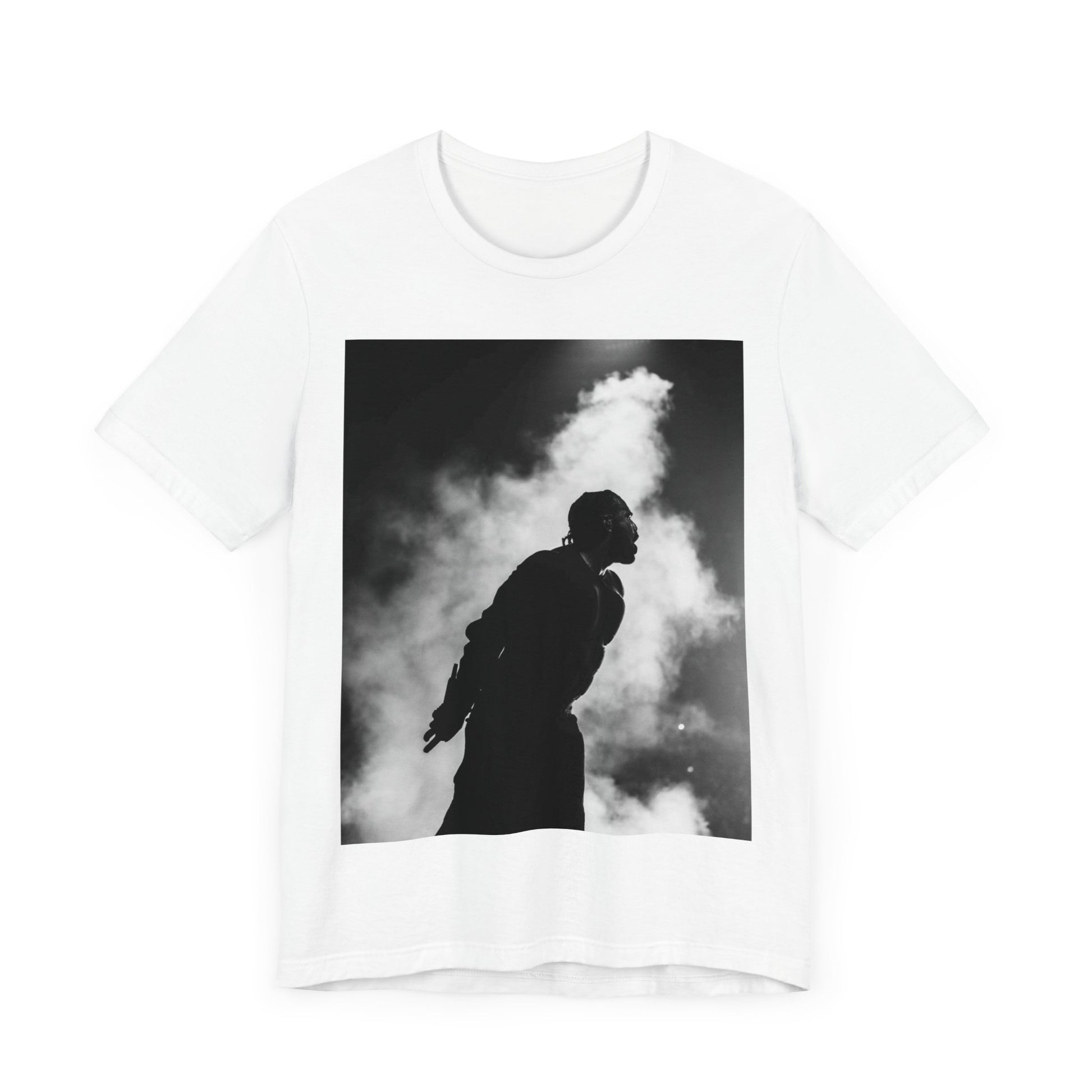 A black graphic t-shirt featuring a timeless black and white graphic or photo portrait of Drake.