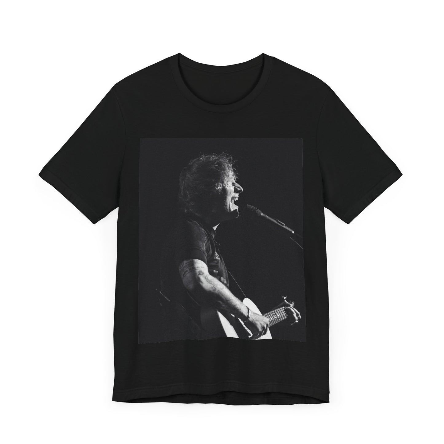 A black graphic t-shirt featuring a graphic related to Ed Sheeran's stadium tour.