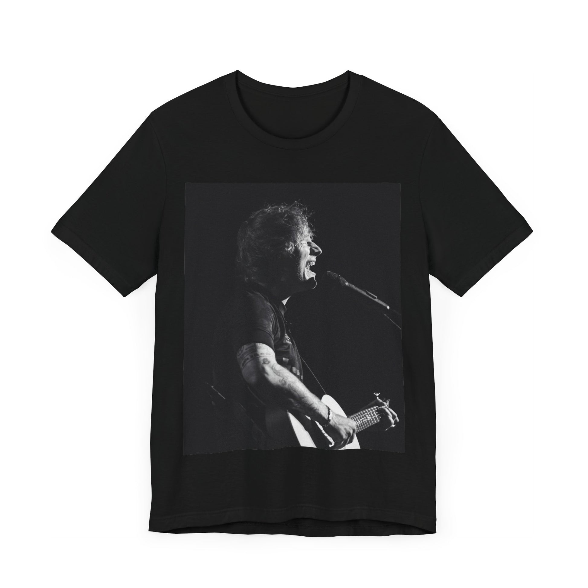 A black graphic t-shirt featuring a graphic related to Ed Sheeran's stadium tour.