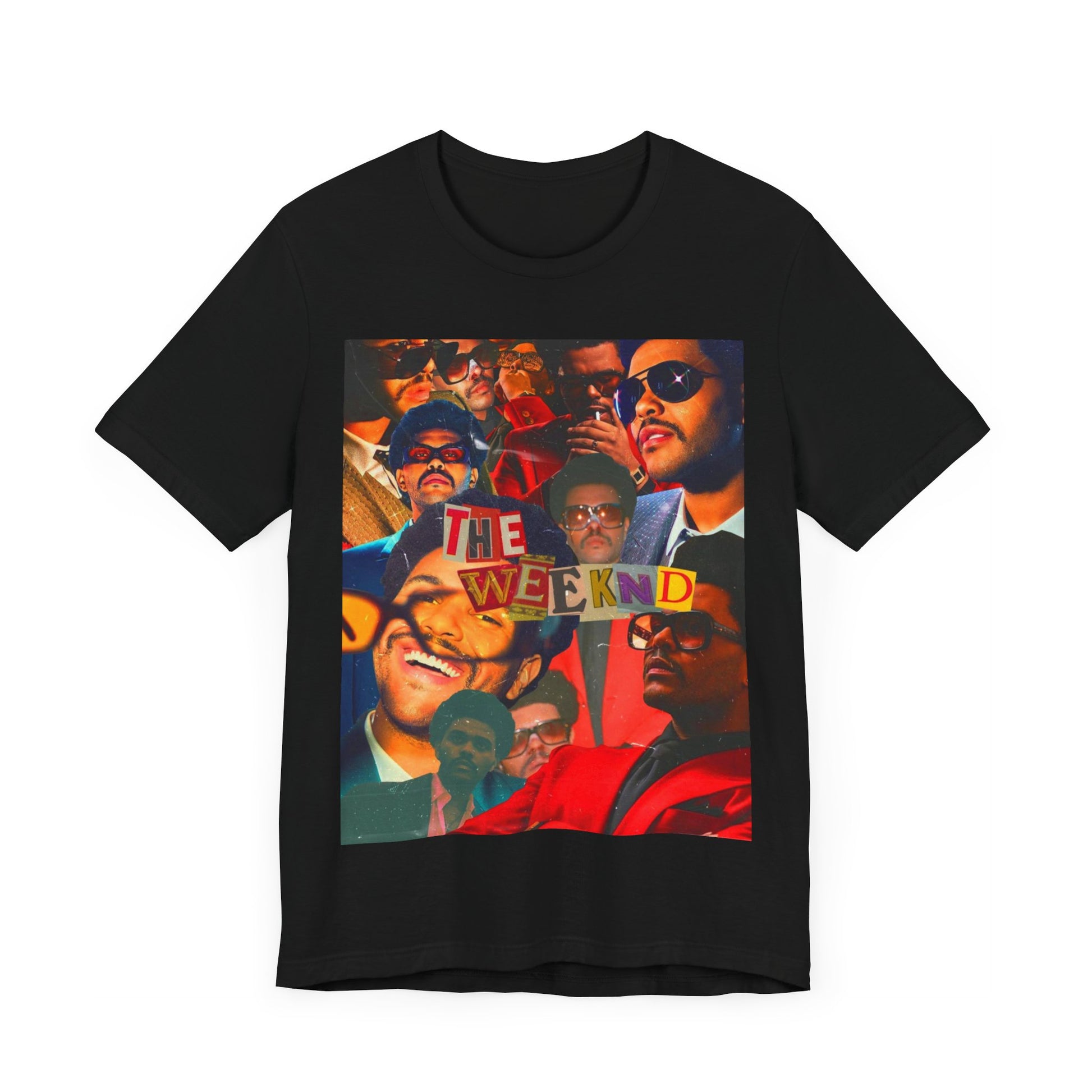 A black graphic t-shirt featuring a collage graphic of The Weeknd.