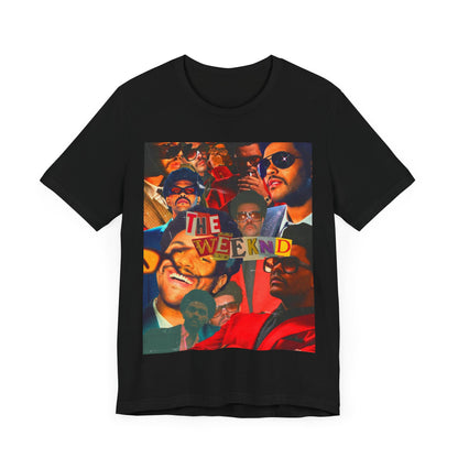 A black graphic t-shirt featuring a collage graphic of The Weeknd.