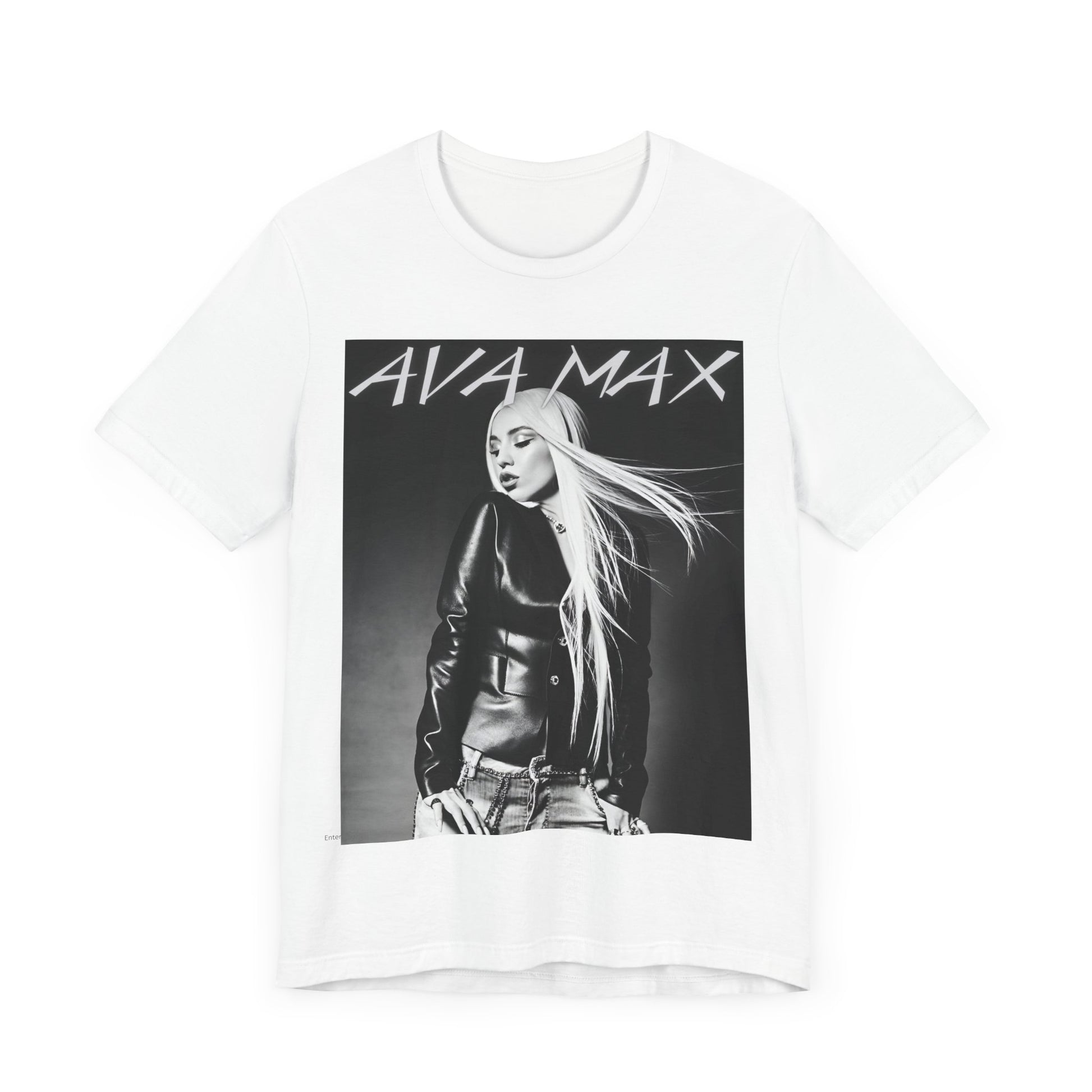 A black graphic t-shirt featuring a black and white portrait photo of Ava Max.