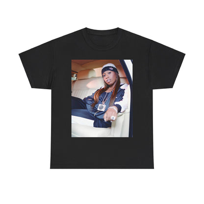 A black graphic t-shirt featuring a casual hip hop fan graphic of Missy Elliott.
