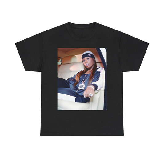 A black graphic t-shirt featuring a casual hip hop fan graphic of Missy Elliott.