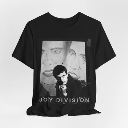 A black graphic t-shirt featuring a vintage dark wave graphic of Joy Division.