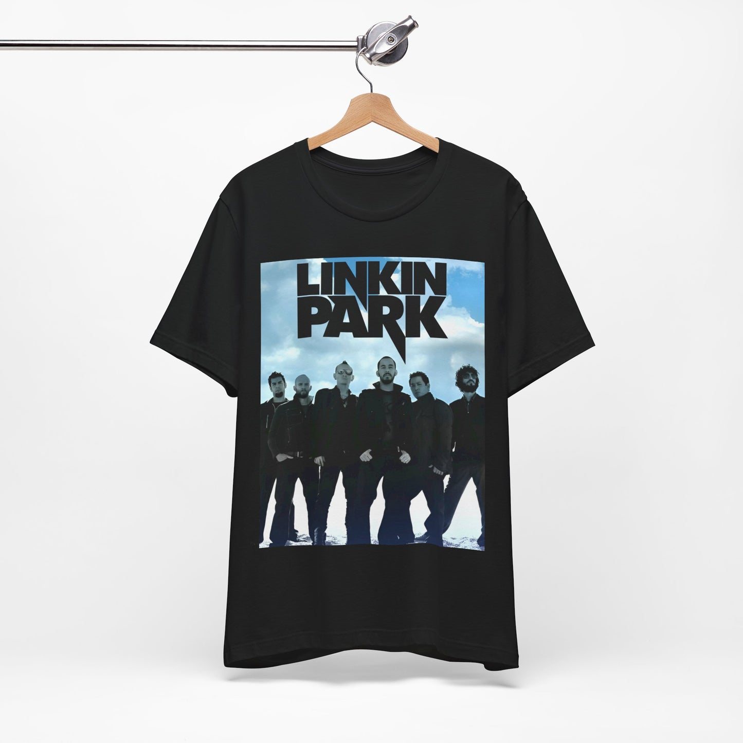 A black graphic t-shirt featuring a vintage graphic related to Linkin Park's 'In the End' song or era.